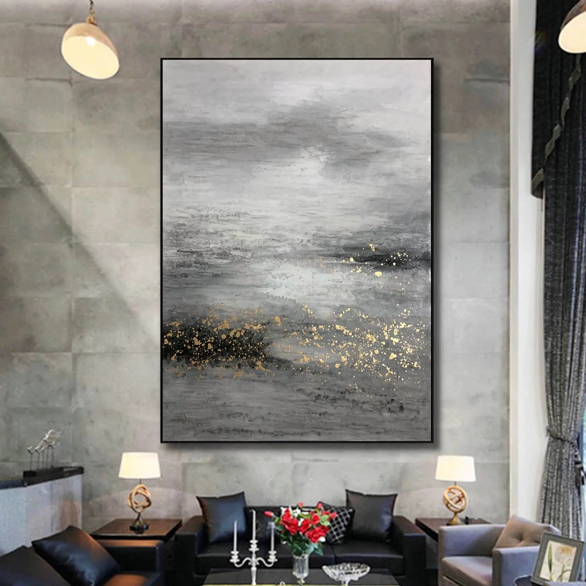 Black And White Painting Gold Contemporary Art Decor Sp009