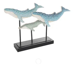 BLUE WOODEN WHALE TEXTURED SCULPTURE WITH BLACK METAL STAND, 20" X 4" X 12"