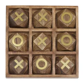 BROWN WOOD TIC TAC TOE GEOMETRIC GAME SET WITH GOLD INLAY