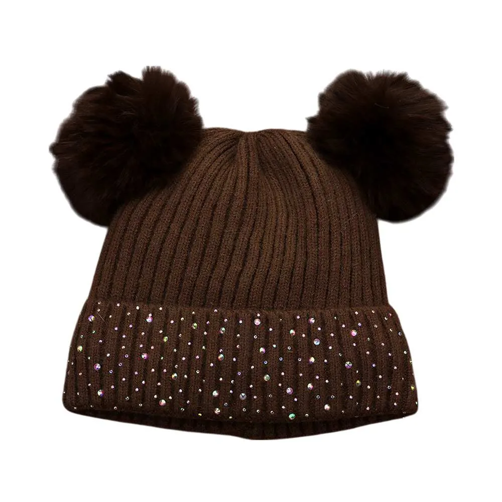 Double Pom Pom Bling Studded Cuff Beanie Hat