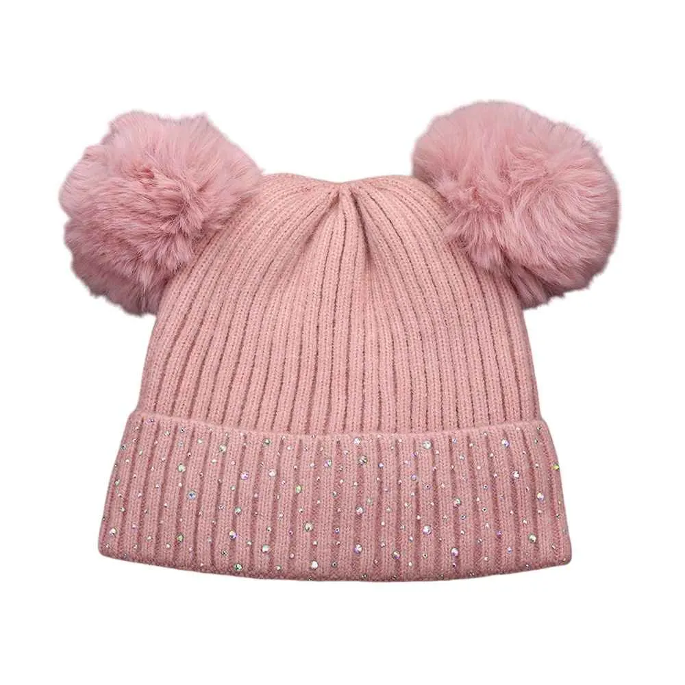 Double Pom Pom Bling Studded Cuff Beanie Hat