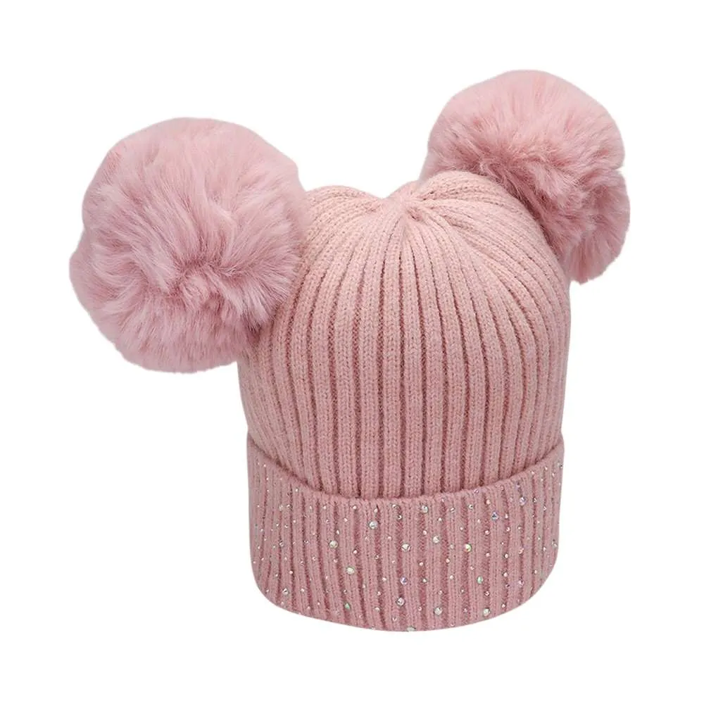 Double Pom Pom Bling Studded Cuff Beanie Hat