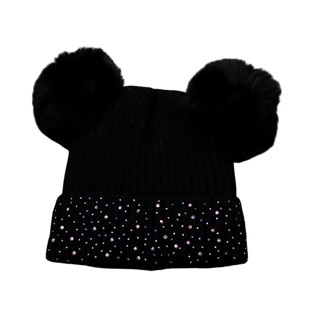 Double Pom Pom Bling Studded Cuff Beanie Hat