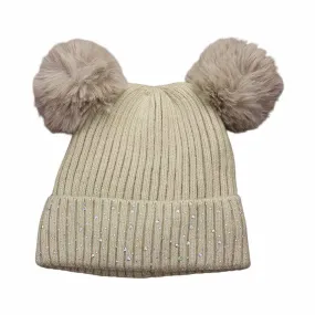 Double Pom Pom Bling Studded Cuff Beanie Hat