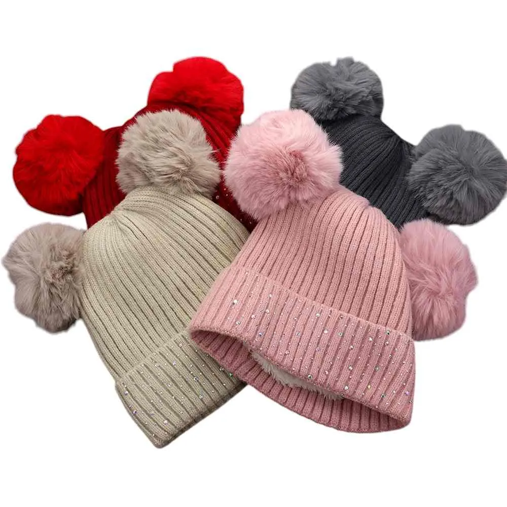 Double Pom Pom Bling Studded Cuff Beanie Hat