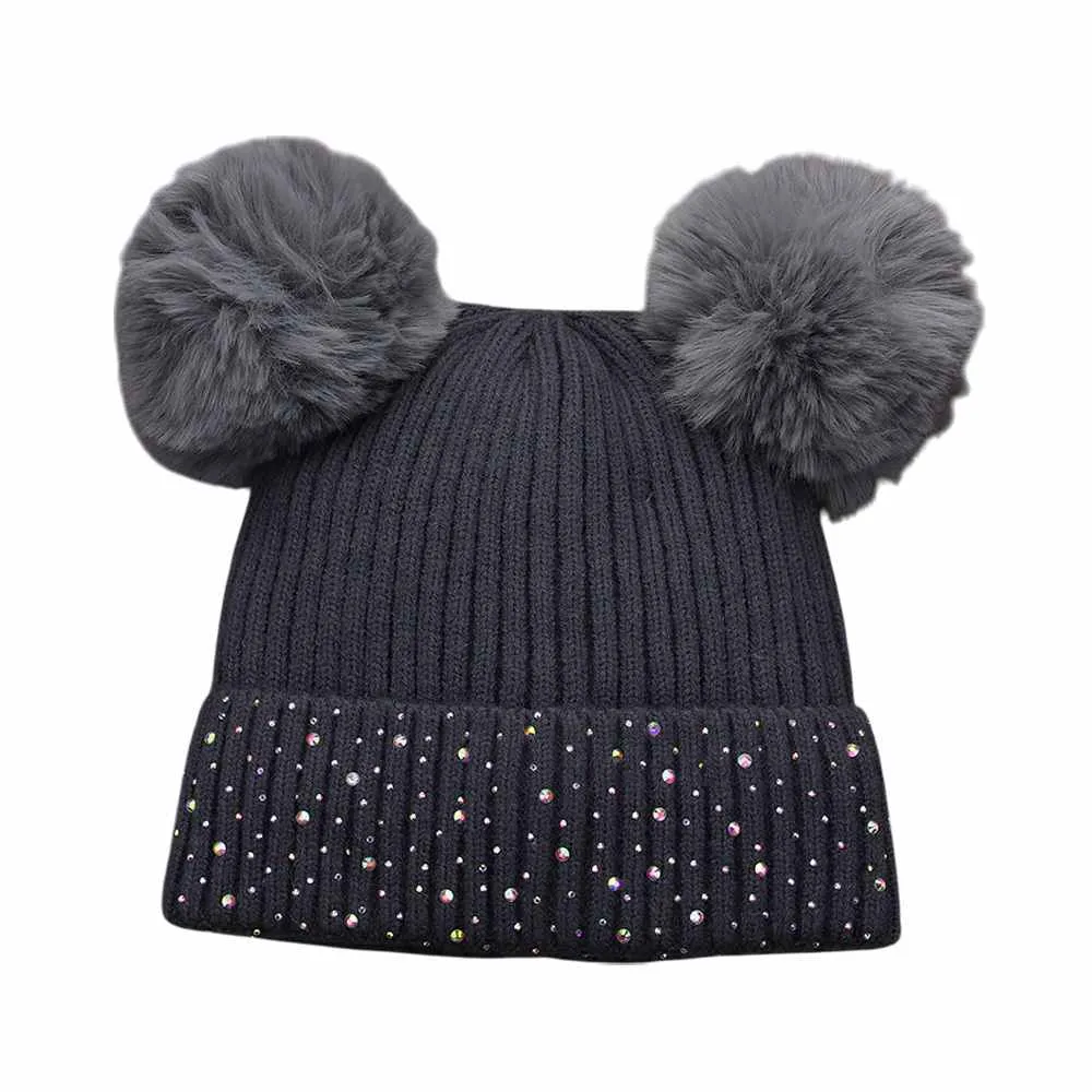 Double Pom Pom Bling Studded Cuff Beanie Hat