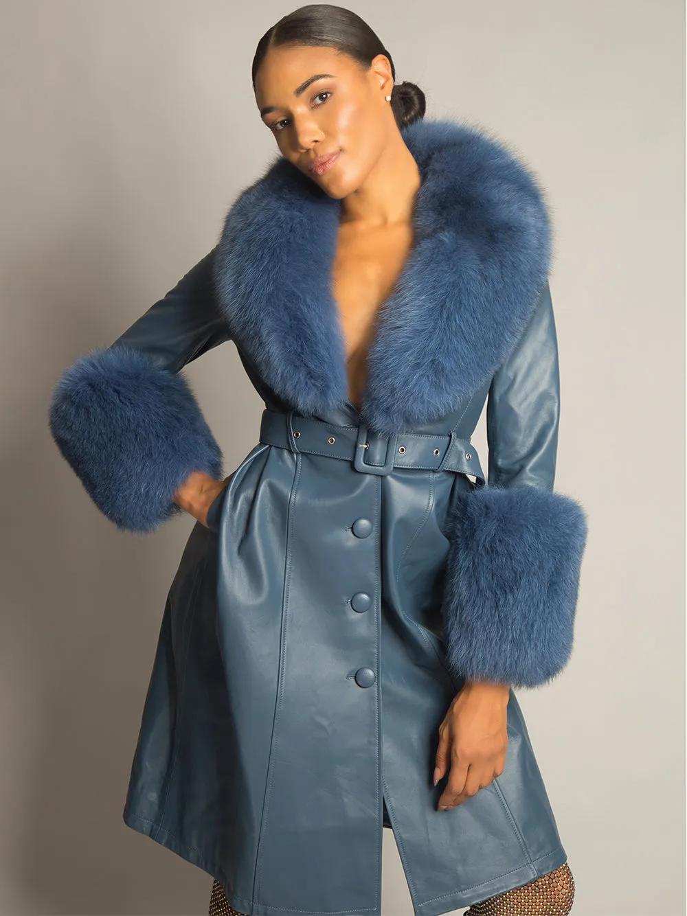 Foxy Leather Coat w/ Fox Fur In Yale Blue