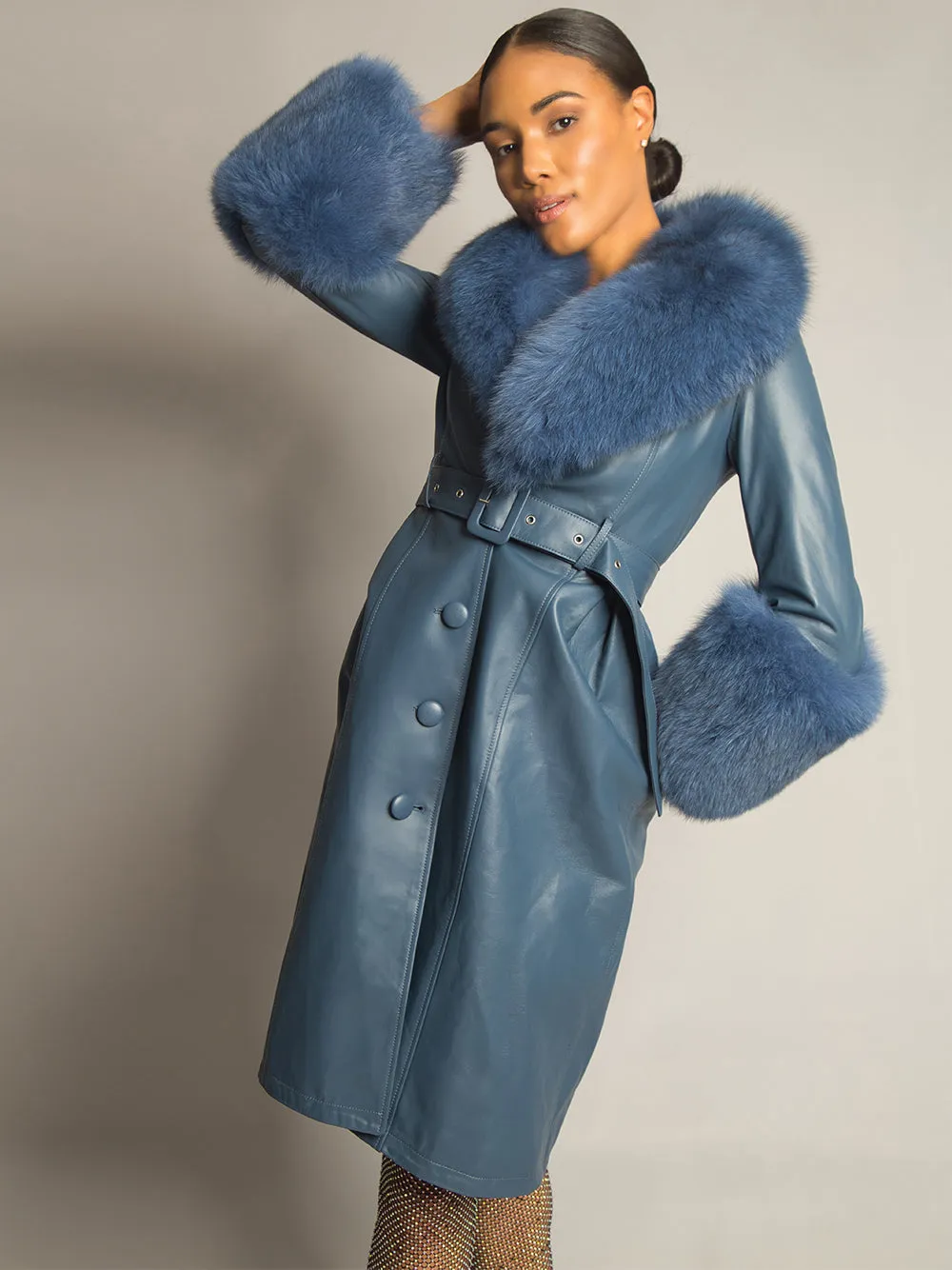 Foxy Leather Coat w/ Fox Fur In Yale Blue