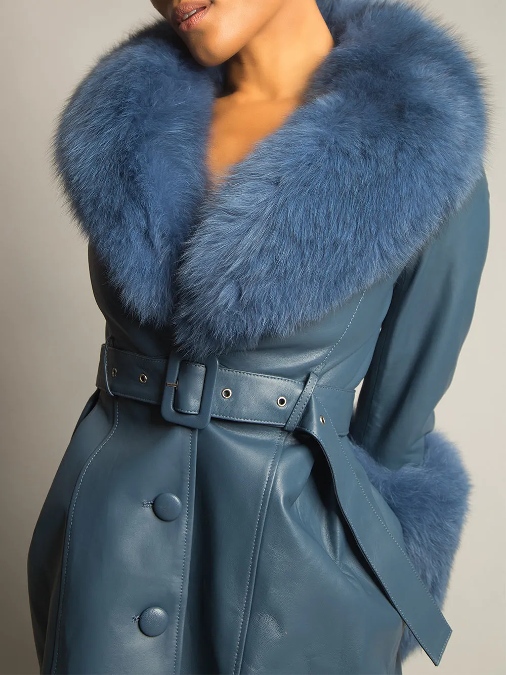 Foxy Leather Coat w/ Fox Fur In Yale Blue