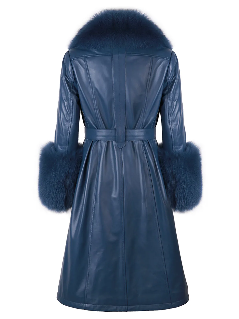 Foxy Leather Coat w/ Fox Fur In Yale Blue