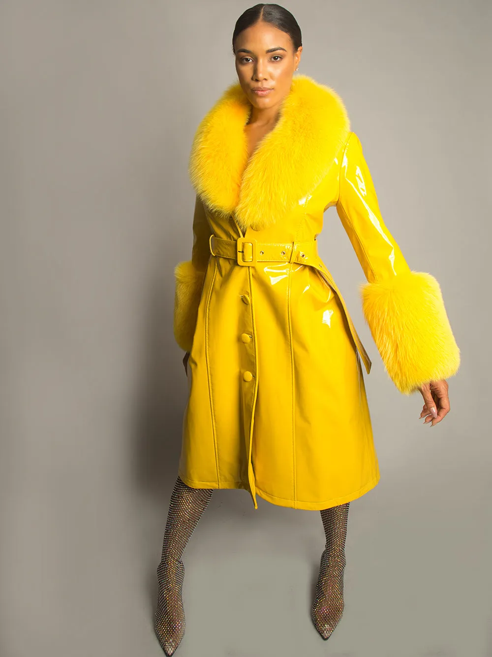 Patent Leather Coat w/ Fox Fur In Yellow